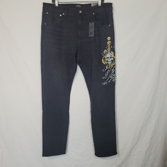 Ed Hardy Mens 38x32 Black Denim Slim Jeans Embroidered Skull Snake Panther NWT